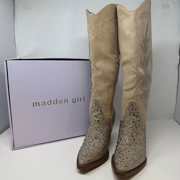 Madden Girl Apple Western Boots Womens 8 Sand Rhinestones Cowboy Boots NIB - Picture 1 of 15